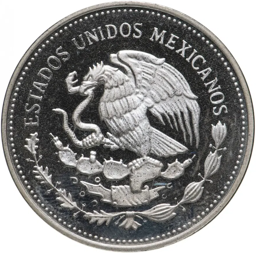 Мексика 100 песо (pesos) 1985 Чемпионат мира по футболу 1986 - Узоры и мяч, реверс