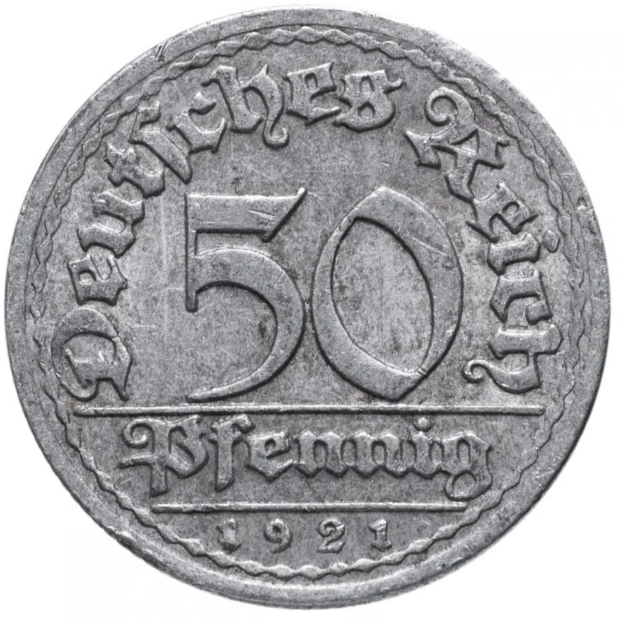 Германия (Веймарская республика) 50 пфеннигов (pfennig) 1921 F, аверс