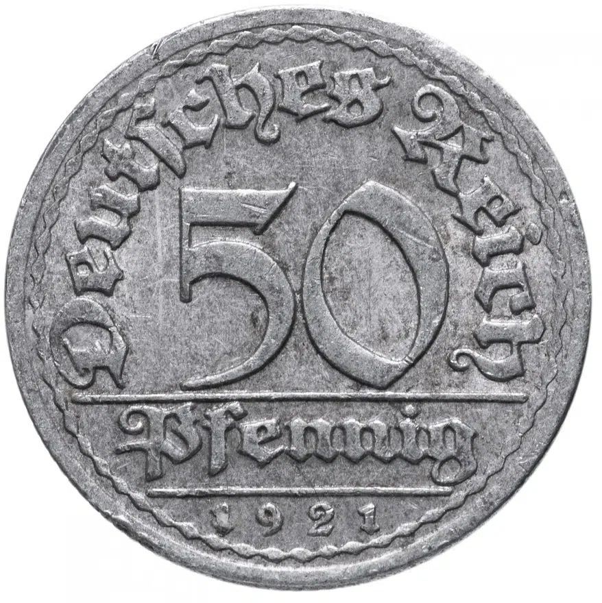 Германия (Веймарская республика) 50 пфеннигов (pfennig) 1921 F, реверс