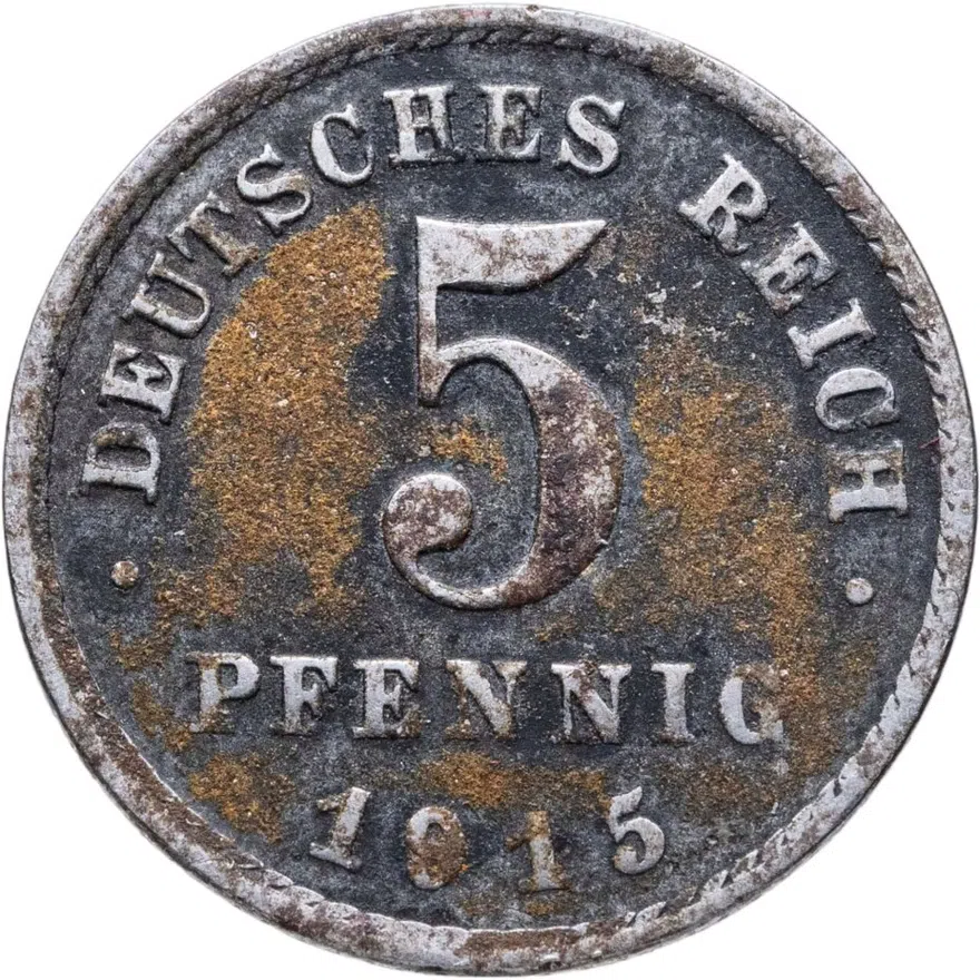 Германия 5 пфеннигов (pfennig) 1915 A Железо с цинковым покрытием  /магнетик/ знак монетного двора: "A" - Берлин, аверс