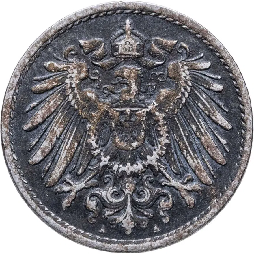 Германия 5 пфеннигов (pfennig) 1915 A Железо с цинковым покрытием  /магнетик/ знак монетного двора: "A" - Берлин, реверс