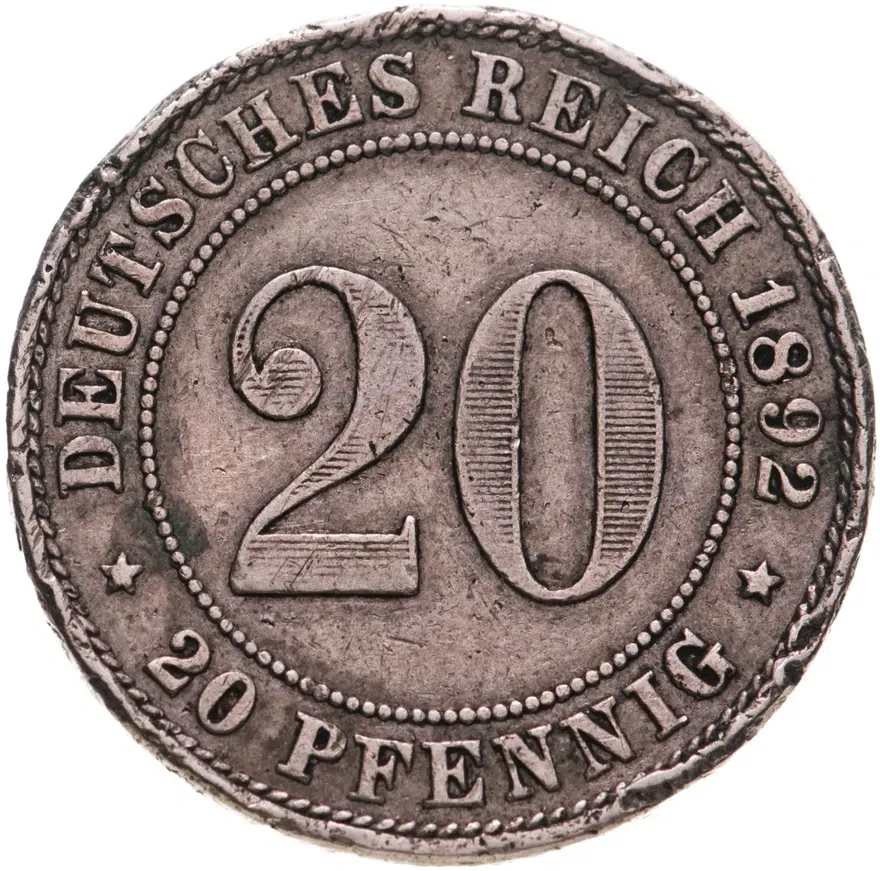 Германия 20 пфеннигов (pfennig) 1892 A  знак монетного двора: "A" - Берлин, аверс