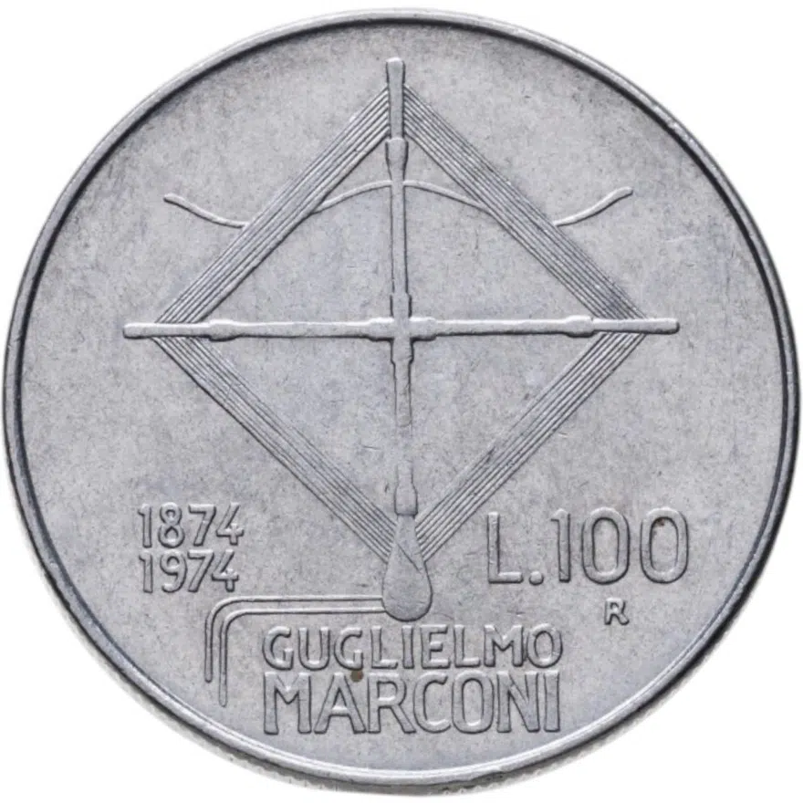 Италия 100 лир (lire) 1974  100 лет со дня рождения Гульельмо Маркони