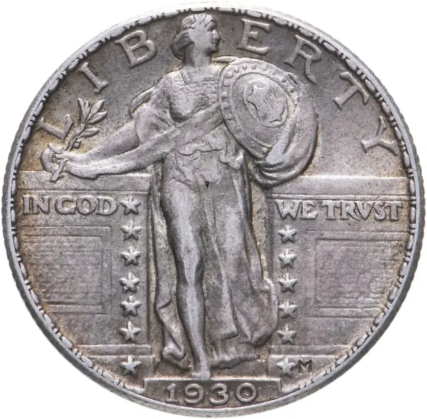 США 25 центов (квотер, 1/4 доллара, quarter dollar) 1930  Standing Liberty Quarter Без отметки монетного двора, аверс