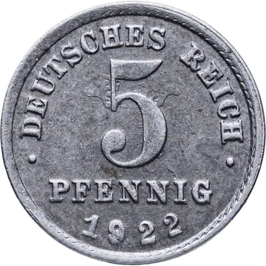 Германия 5 пфеннигов (pfennig) 1922 F  знак монетного двора: "F" - Штутгарт