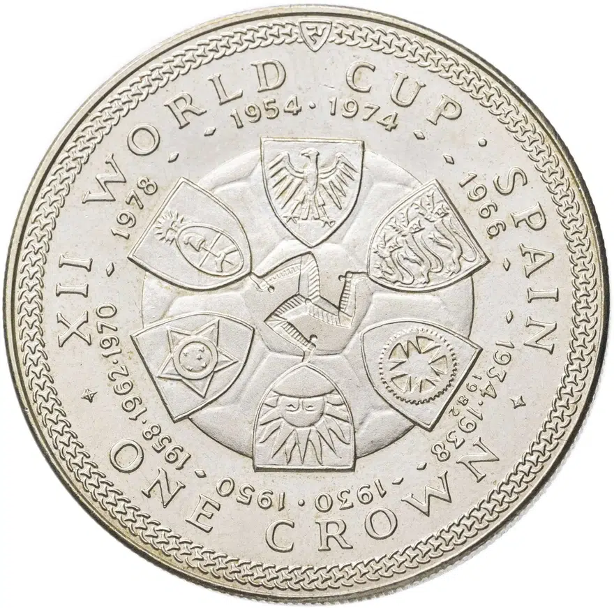 Остров Мэн 1 крона (crown) 1982 Чемпионат мира по футболу 1982, Испания - гербы, реверс