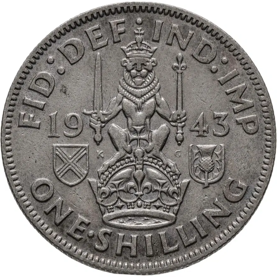 Великобритания 1 шиллинг (shilling) 1943  Шотландский шиллинг - лев, сидящий на короне, аверс