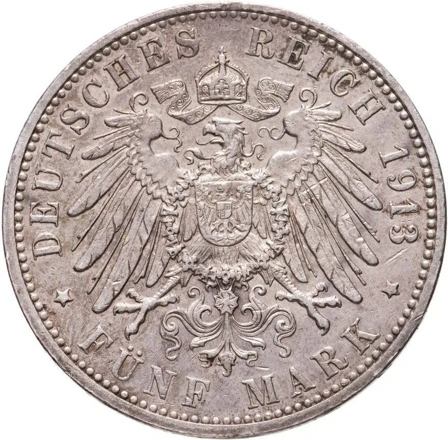 Германия (Империя) 5 марок (mark) 1913, реверс