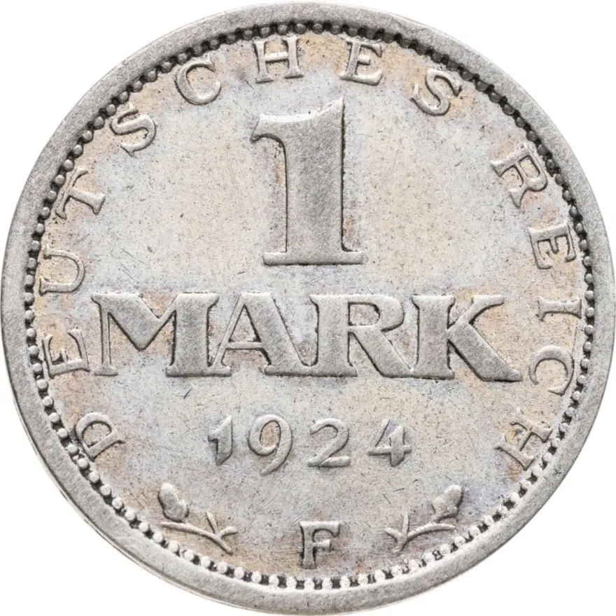 Германия 1 марка 1924 монетного двора "F" — Штутгарт