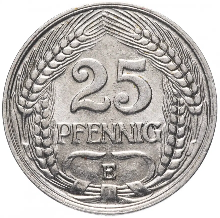 Германия 25 пфеннигов (pfennig) 1911 E, реверс