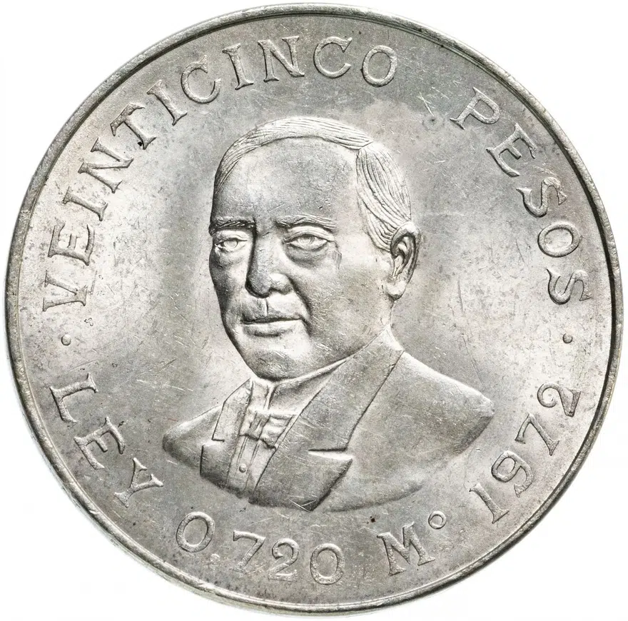 Мексика 25 песо (pesos) 1972  " 100 лет со дня смерти Бенито Хуареса", аверс