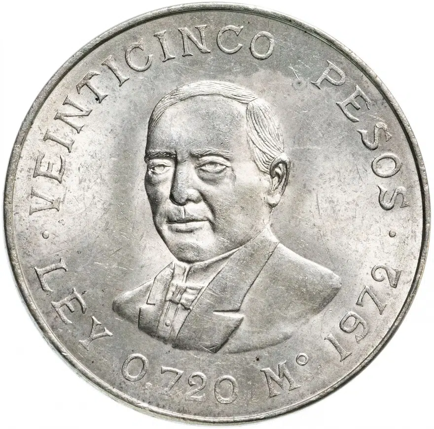 Мексика 25 песо (pesos) 1972  " 100 лет со дня смерти Бенито Хуареса", реверс