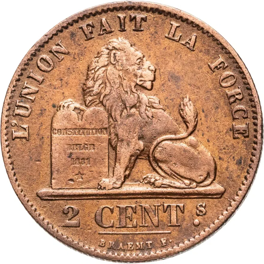 Бельгия 2 сантима (centimes) 1876   Надпись на французском - 'DES BELGES'