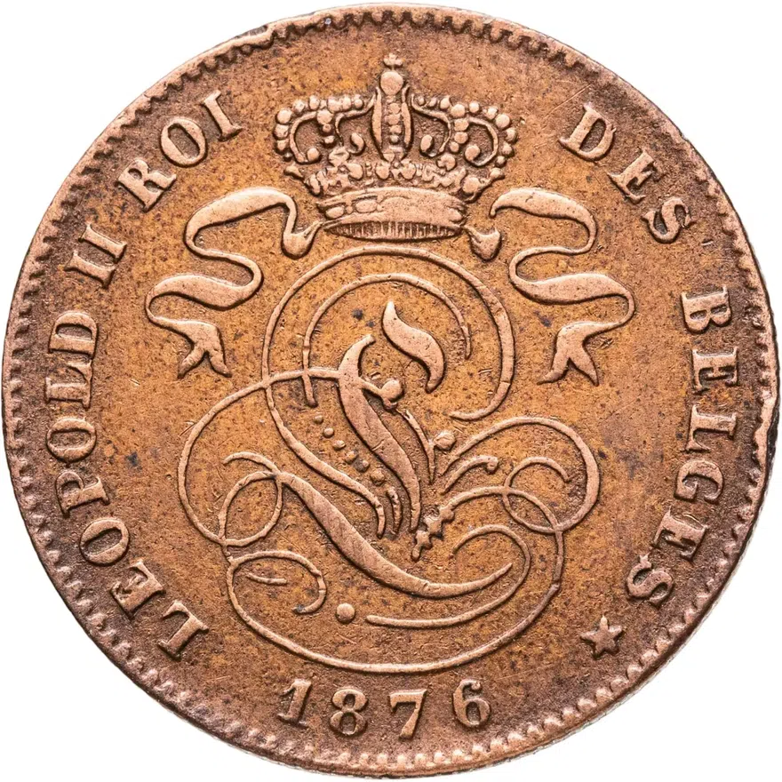 Бельгия 2 сантима (centimes) 1876   Надпись на французском - 'DES BELGES', реверс