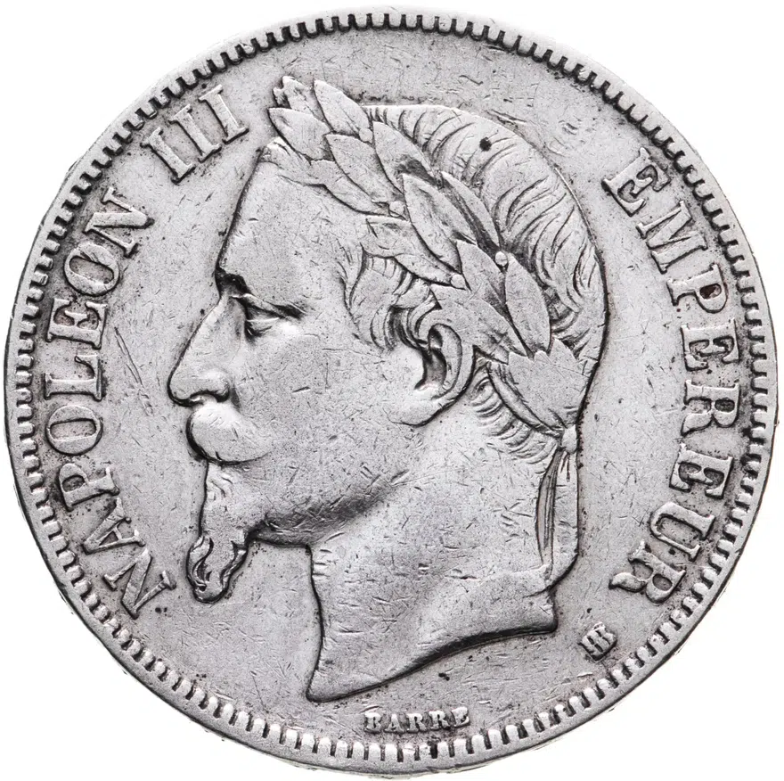 Франция 5 франков (francs) 1868 BB  серебро, знак монетного двора: "BB" - Страсбург