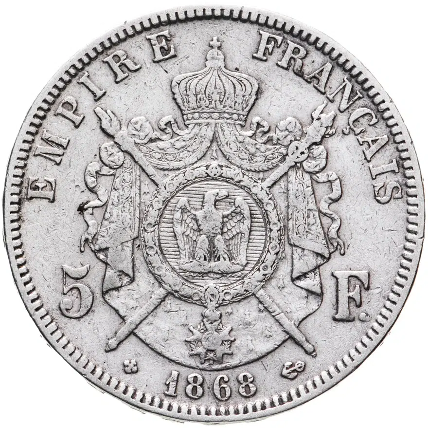 Франция 5 франков (francs) 1868 BB  серебро, знак монетного двора: "BB" - Страсбург, реверс