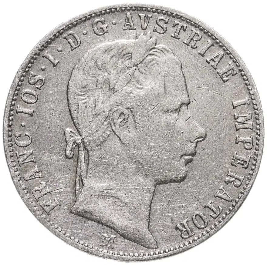 Австрия 1 флорин (florin) 1858 M  знак монетного двора "M" - Милан, реверс