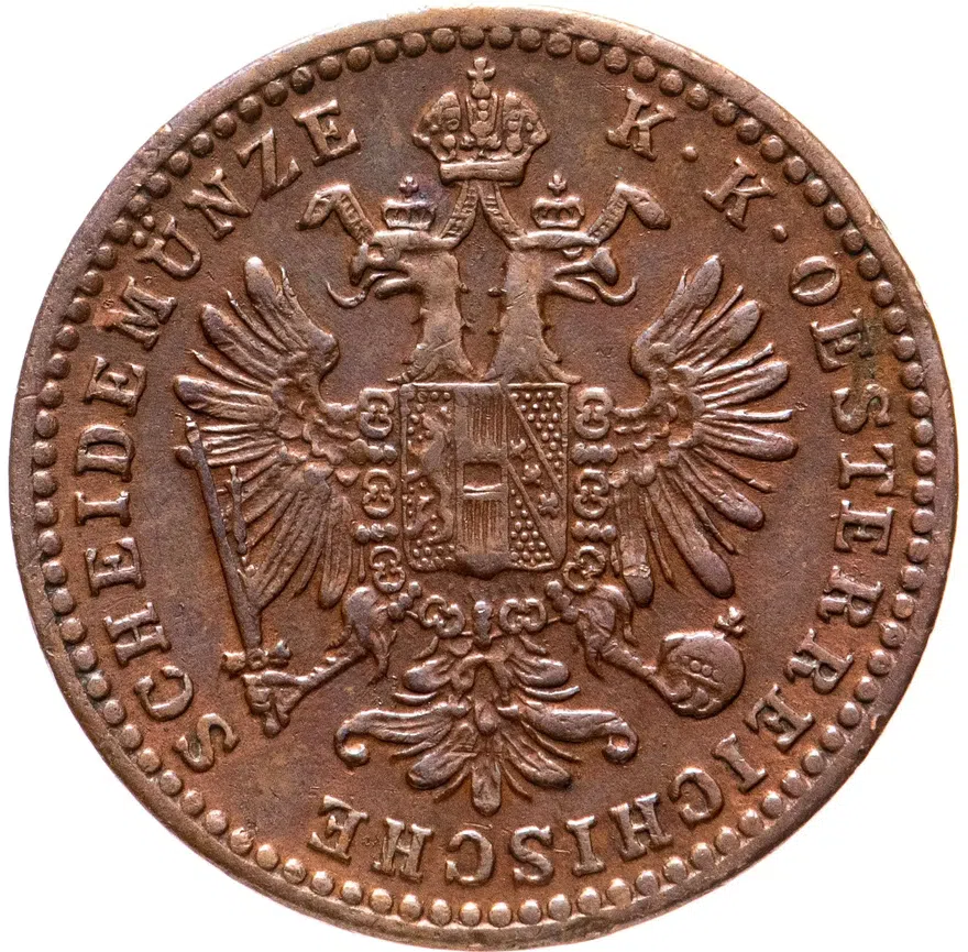 Австрия 1 крейцер (kreuzer) 1860 A  знак монетного двора "A" - Вена, реверс