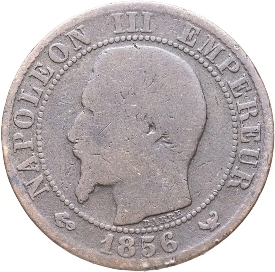 Франция 5 сантимов (centimes) 1856 W  знак монетного двора: "W" - Лилль, аверс
