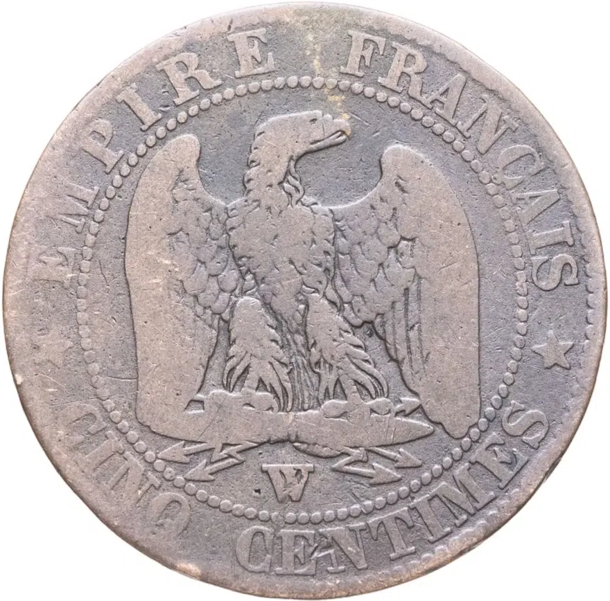 Франция 5 сантимов (centimes) 1856 W  знак монетного двора: "W" - Лилль, реверс