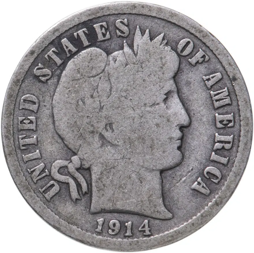 США 10 центов (дайм, one dime) 1914 D Barber Dime знак монетного двора: "D" - Денвер