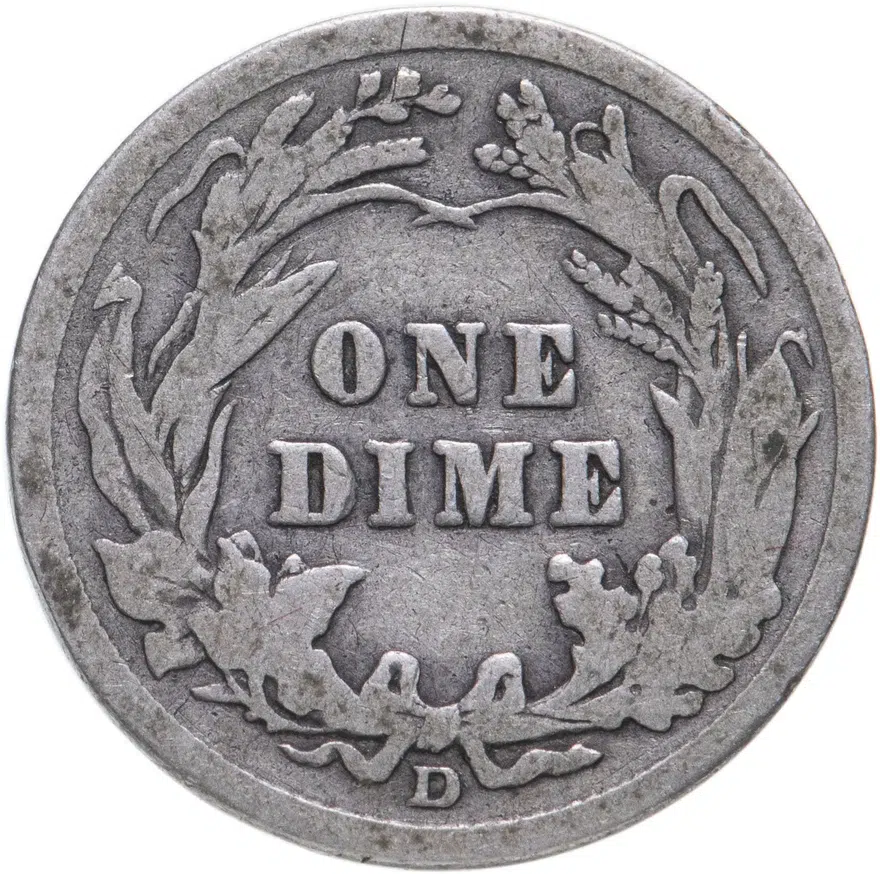США 10 центов (дайм, one dime) 1914 D Barber Dime знак монетного двора: "D" - Денвер, реверс