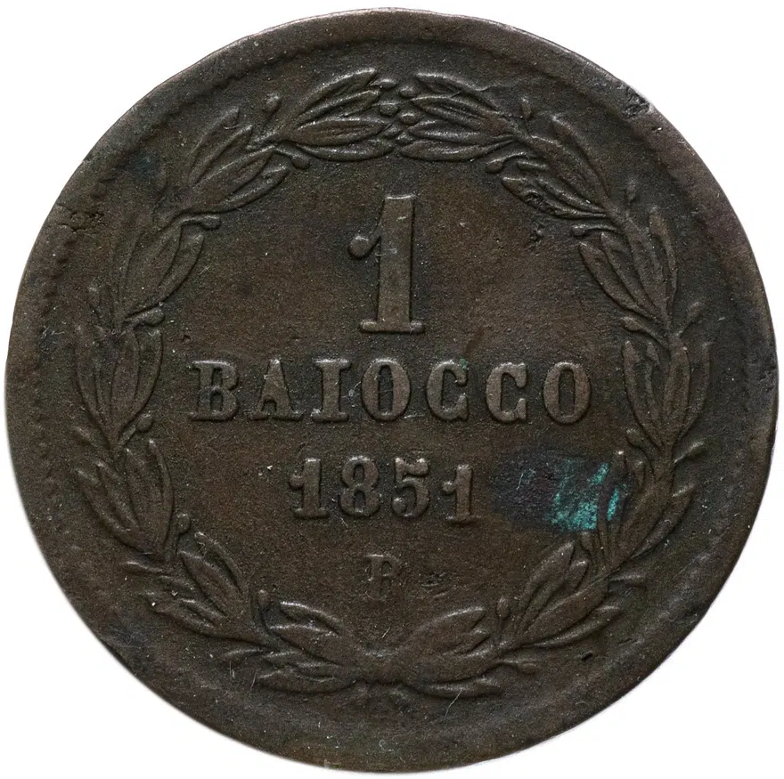 Папская область 1 байокко (baiocco) 1851  V на аверсе "R"