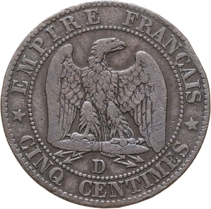 Франция 5 сантимов (centimes) 1856 D  знак монетного двора: "D" - Лион, реверс