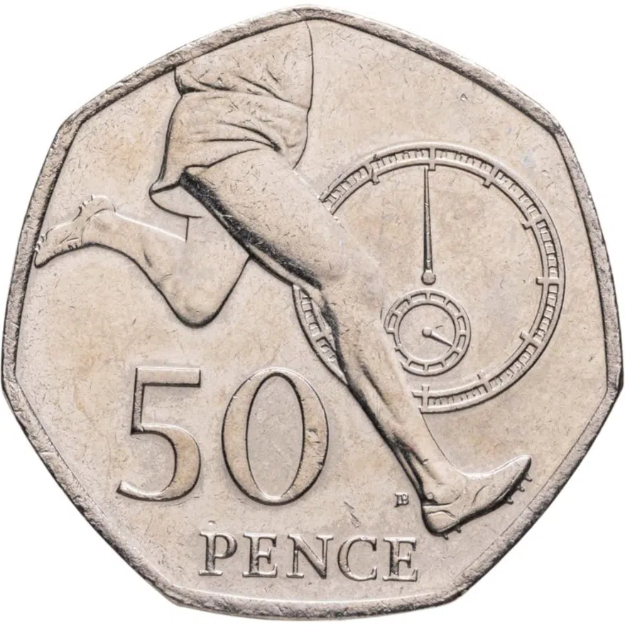 Великобритания 50 пенсов (pence) 2004 "50 лет рекорду в беге - миля менее чем за 4 минуты"