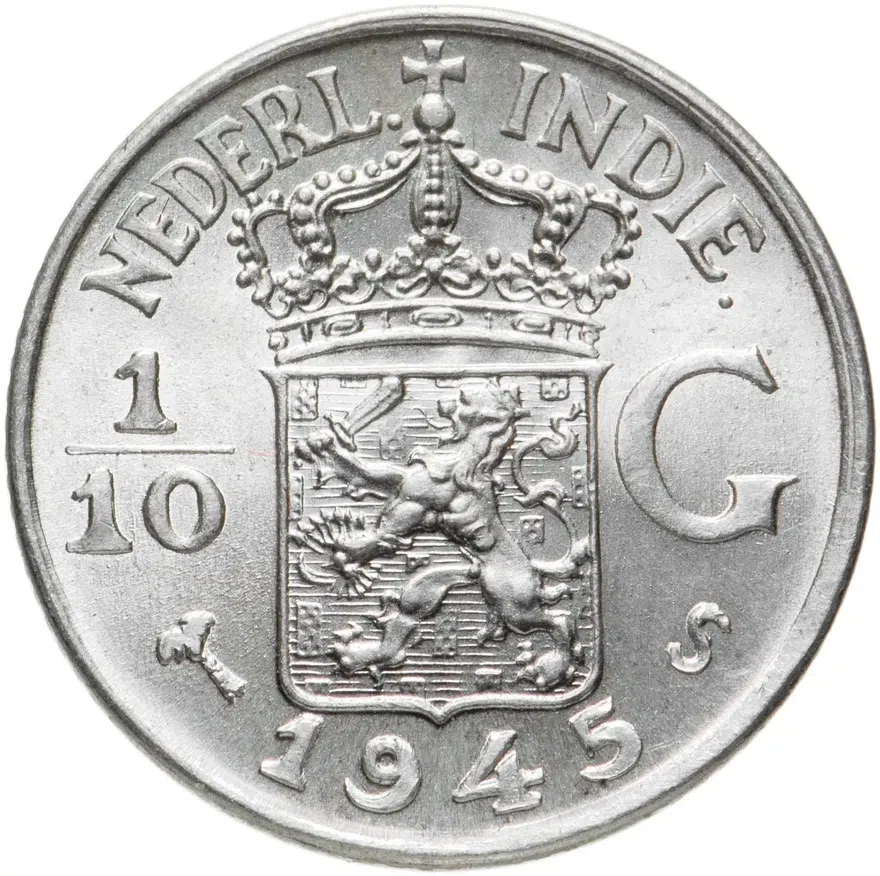 Голландская Ост-Индия 1/10 гульдена (gulden) 1945 S  знак монетного двора: "S" - Сан-Франциско, аверс