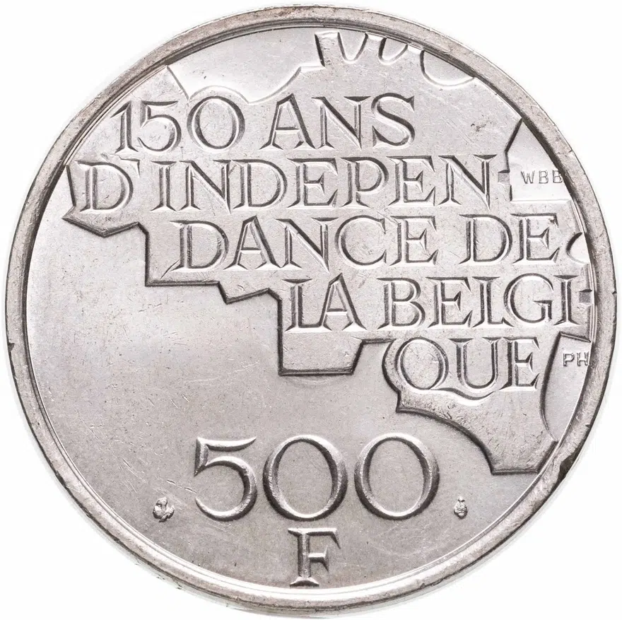 Бельгия 500 франков (francs) 1980  150 лет независимости BELGIQUE, медно-никелевый сплав, серебрение, реверс