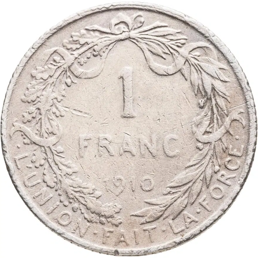 Бельгия 1 франк (franc) 1910  Надпись на французском - 'ALBERT ROI DES BELGES', реверс