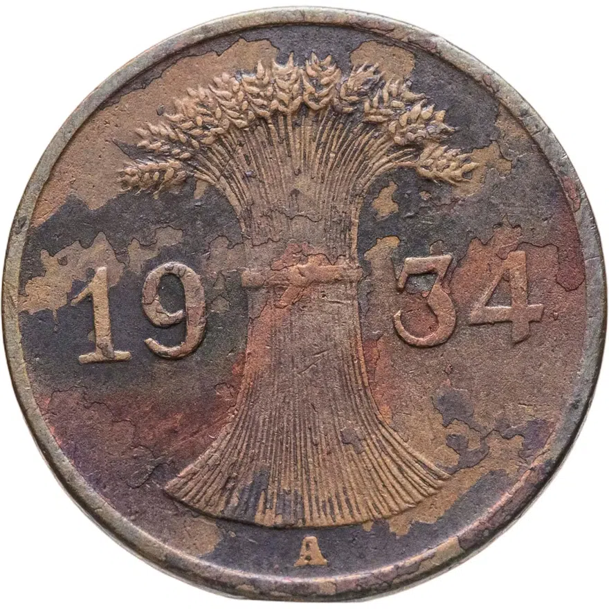 Германия 1 рейхспфенниг (reichspfennig) 1934 A  знак монетного двора "A" — Берлин, реверс