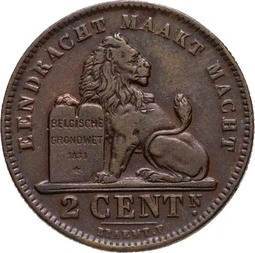 Бельгия 2 сантима (centimes) 1912  Надпись на голландском - 'ALBERT KONING DER BELGEN', аверс