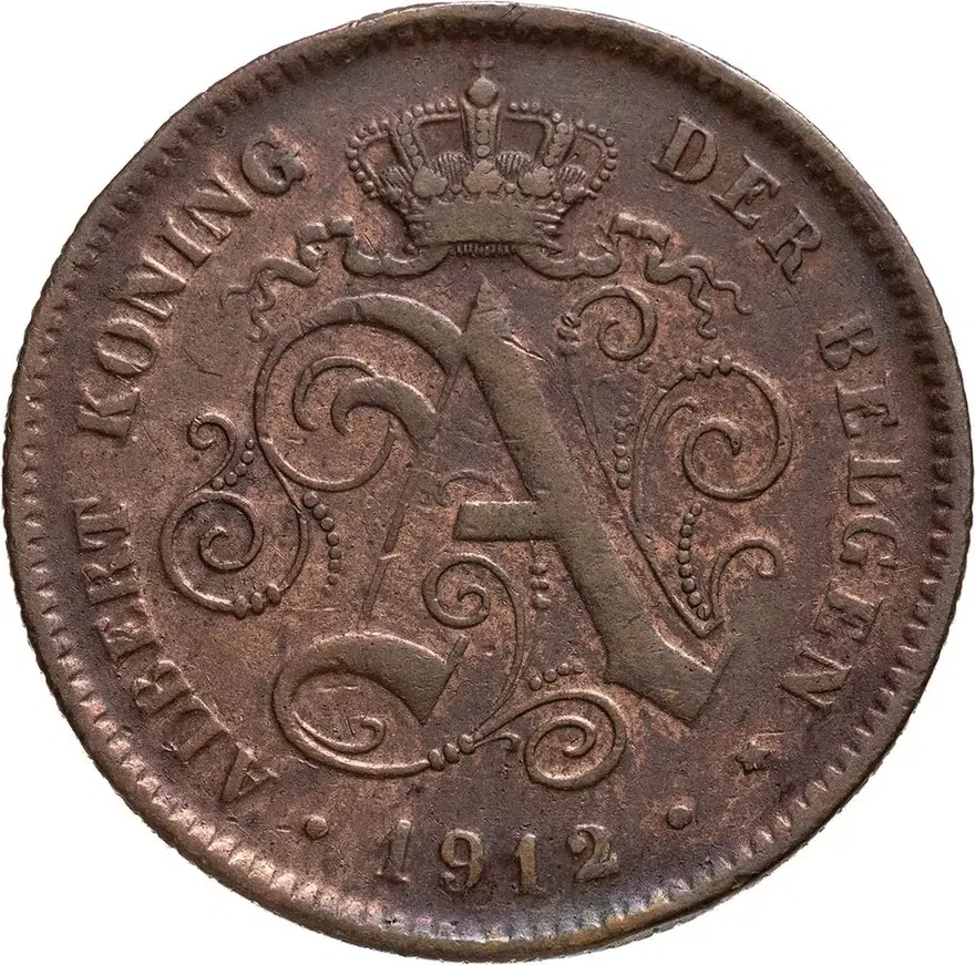 Бельгия 2 сантима (centimes) 1912  Надпись на голландском - 'ALBERT KONING DER BELGEN', реверс