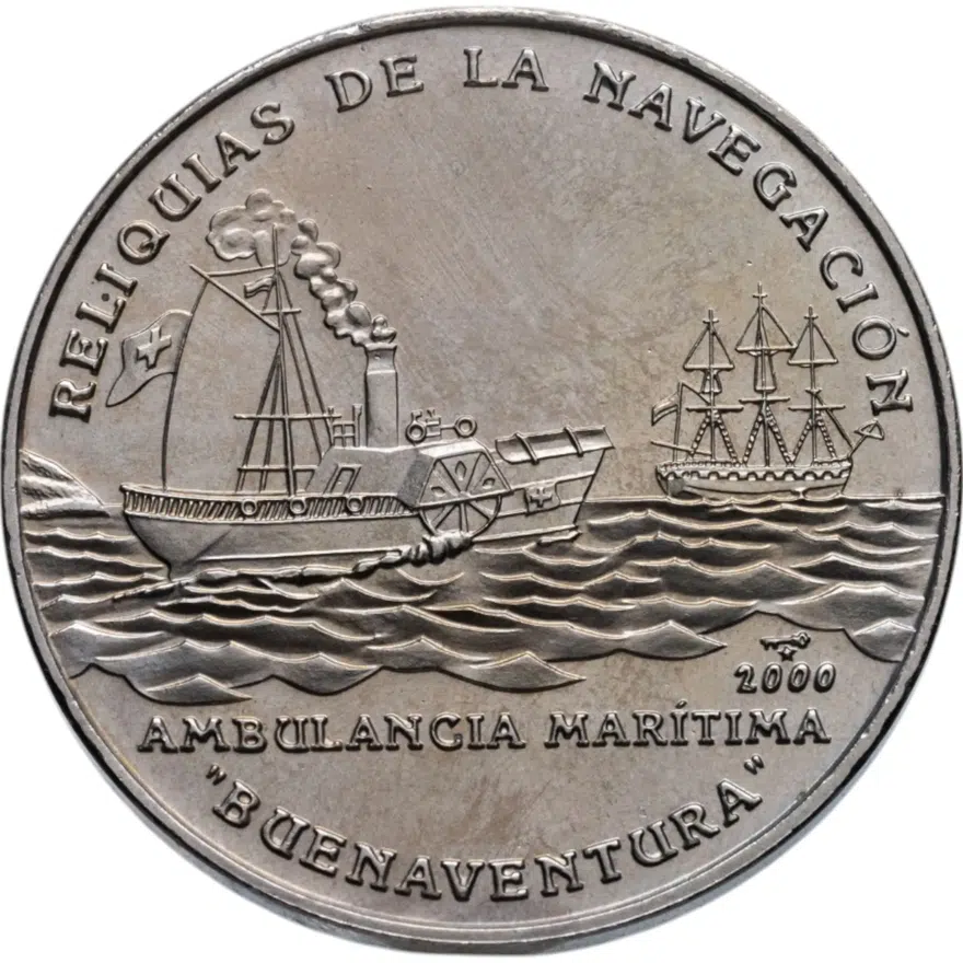 Куба 1 песо (peso) 2000 "Реликвии судостроения - Колесный пароход "Buenaventura", аверс
