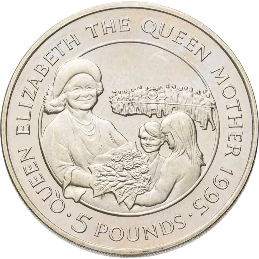 Олдерни 5 фунтов (pounds) 1995 "95 лет со дня рождения Королевы-Матери"
