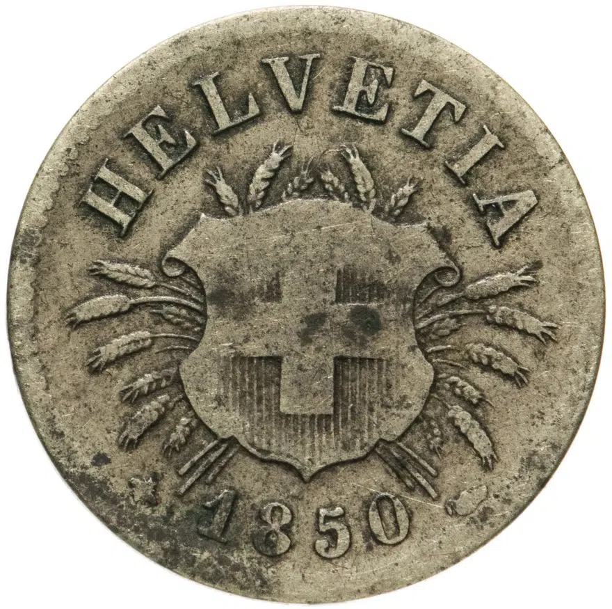 Швейцария 5 раппенов 1850 BB, аверс