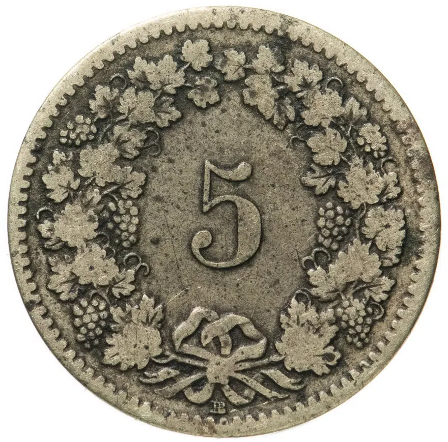 Швейцария 5 раппенов 1850 BB, реверс