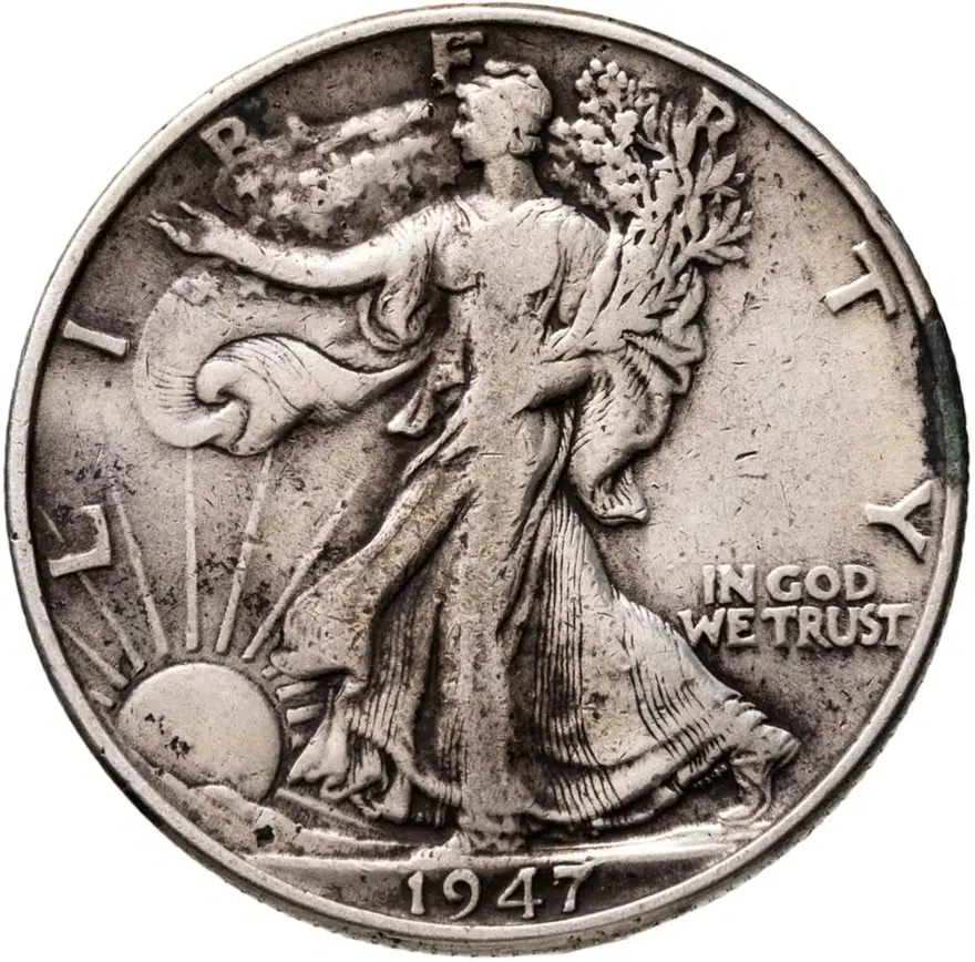 США 50 центов (1/2 доллара, half dollar) 1947  Walking Liberty Half Dollar Без отметки монетного двора, аверс