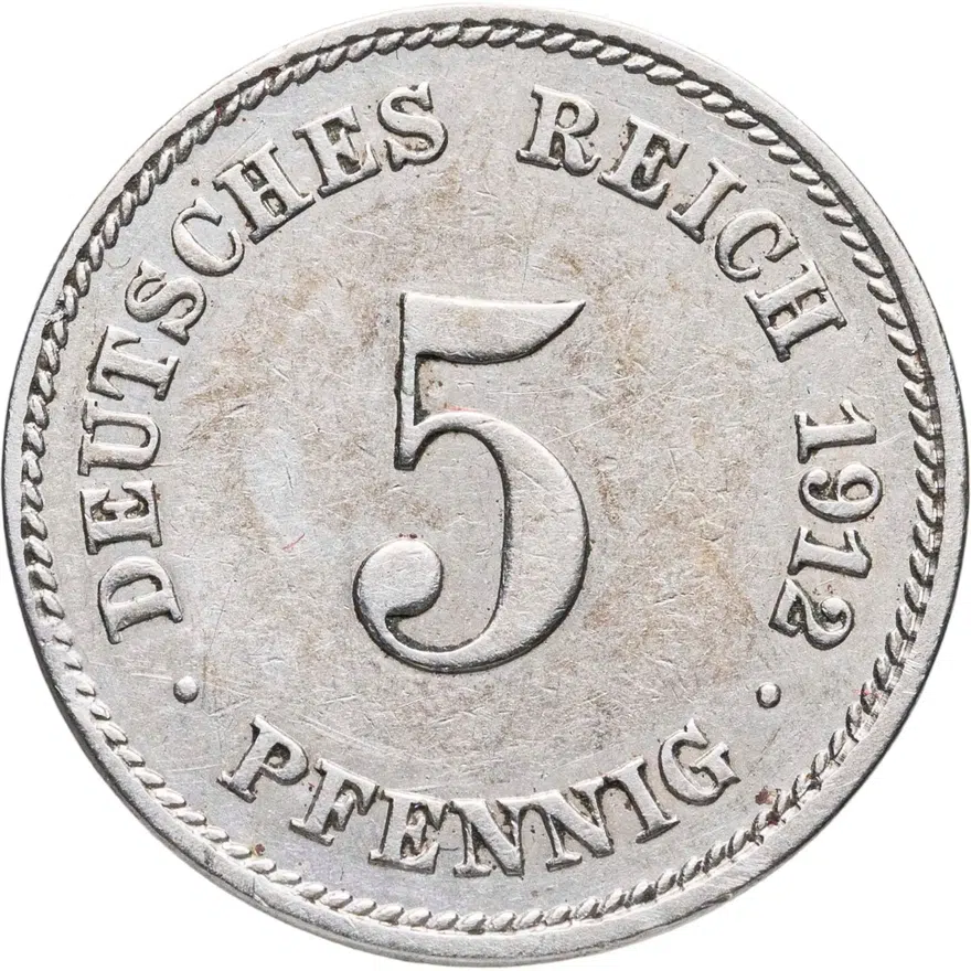 Германия 5 пфеннигов (pfennig) 1912 J  знак монетного двора: "J" - Гамбург, аверс