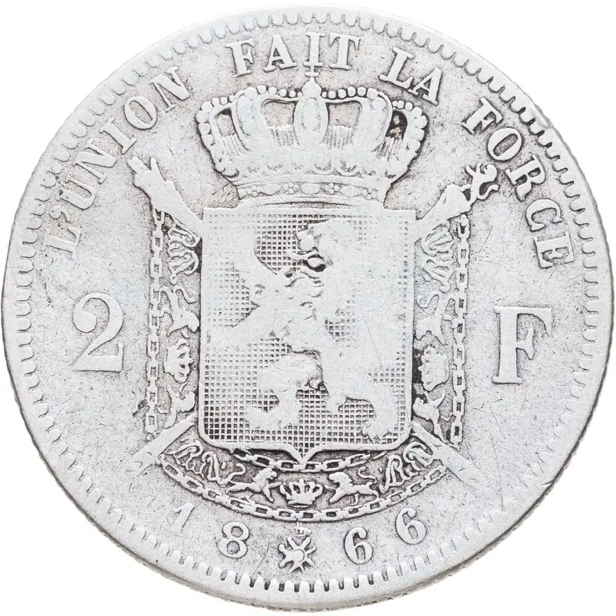 Бельгия 2 франка (francs) 1866   с крестом на короне, реверс