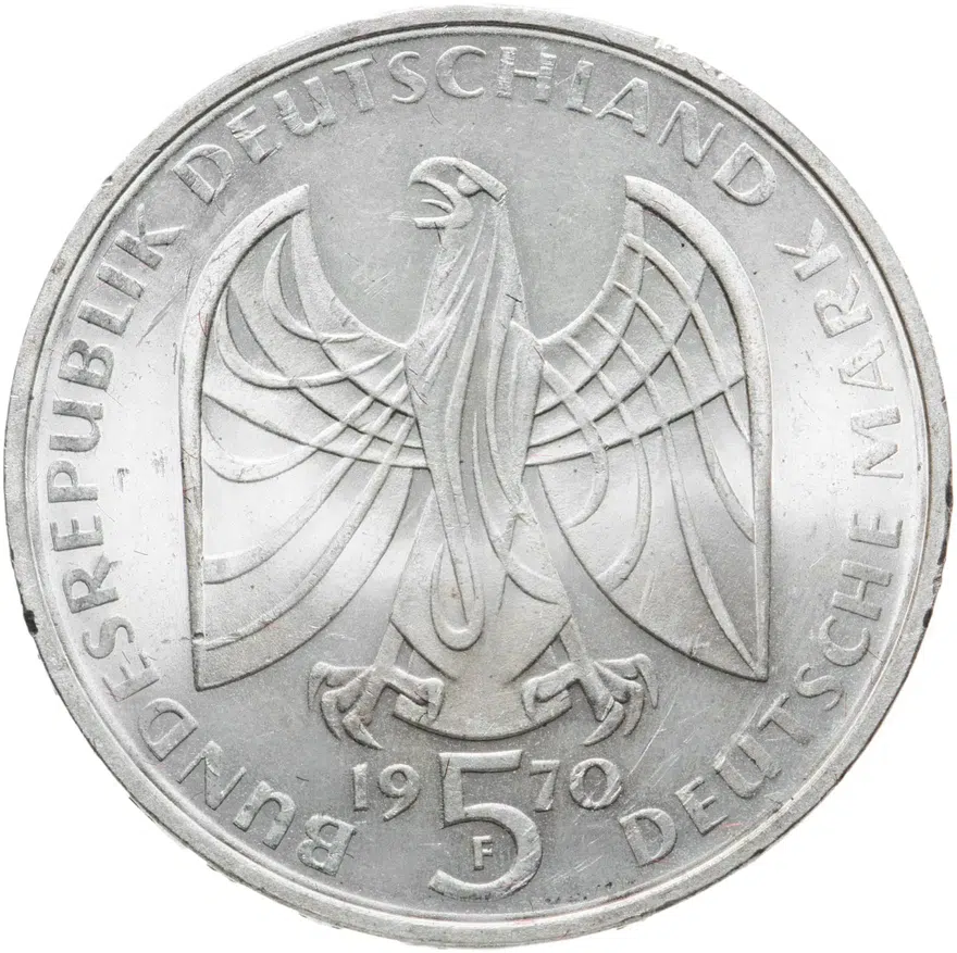 Германия 5 марок (deutsche mark) 1970  200 лет со дня рождения Людвига ван Бетховена, реверс