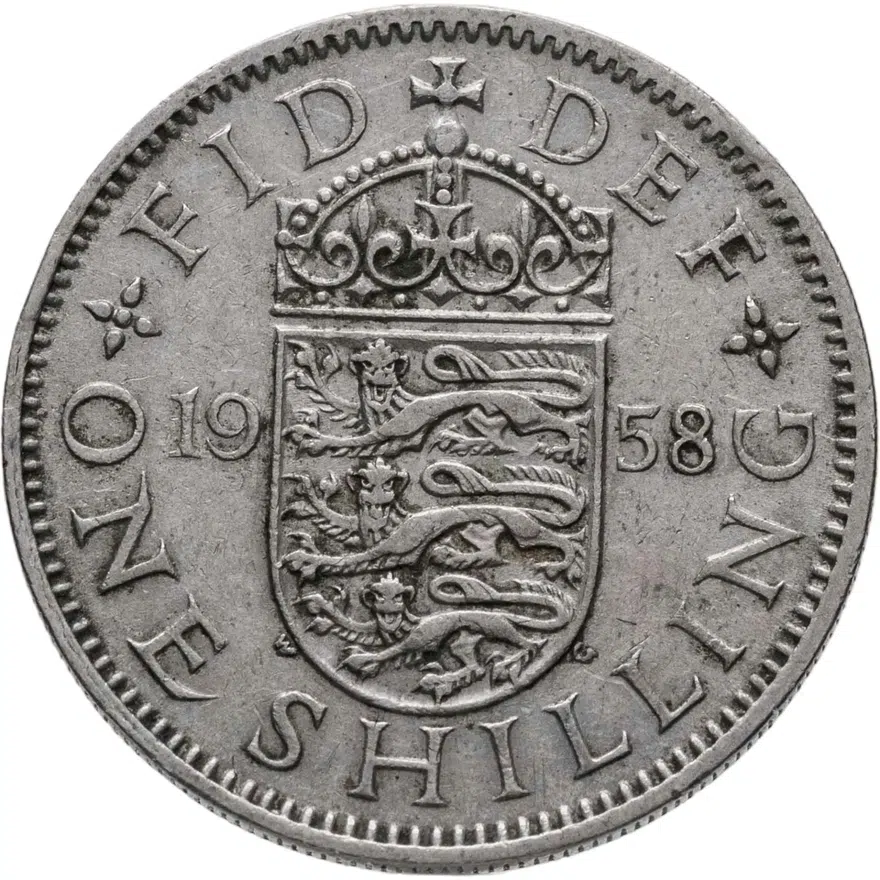 Великобритания 1 шиллинг (shilling) 1958  Английский герб - 3 льва внутри коронованного щита, аверс