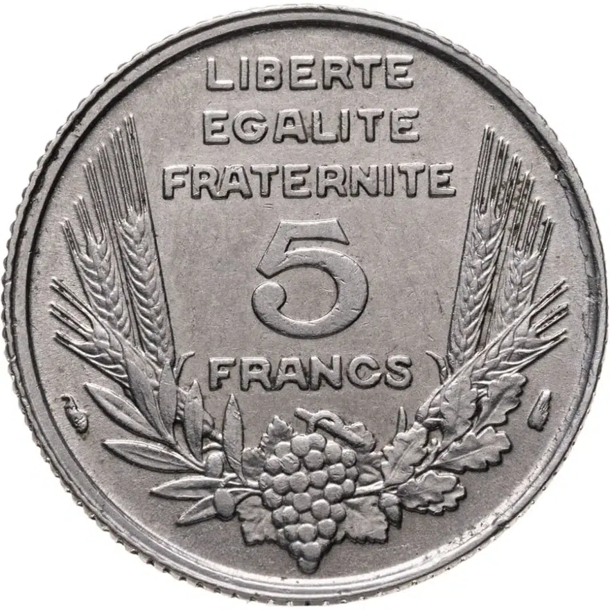 Франция 5 франков (francs) 1933   женское лицо обращено вправо, аверс