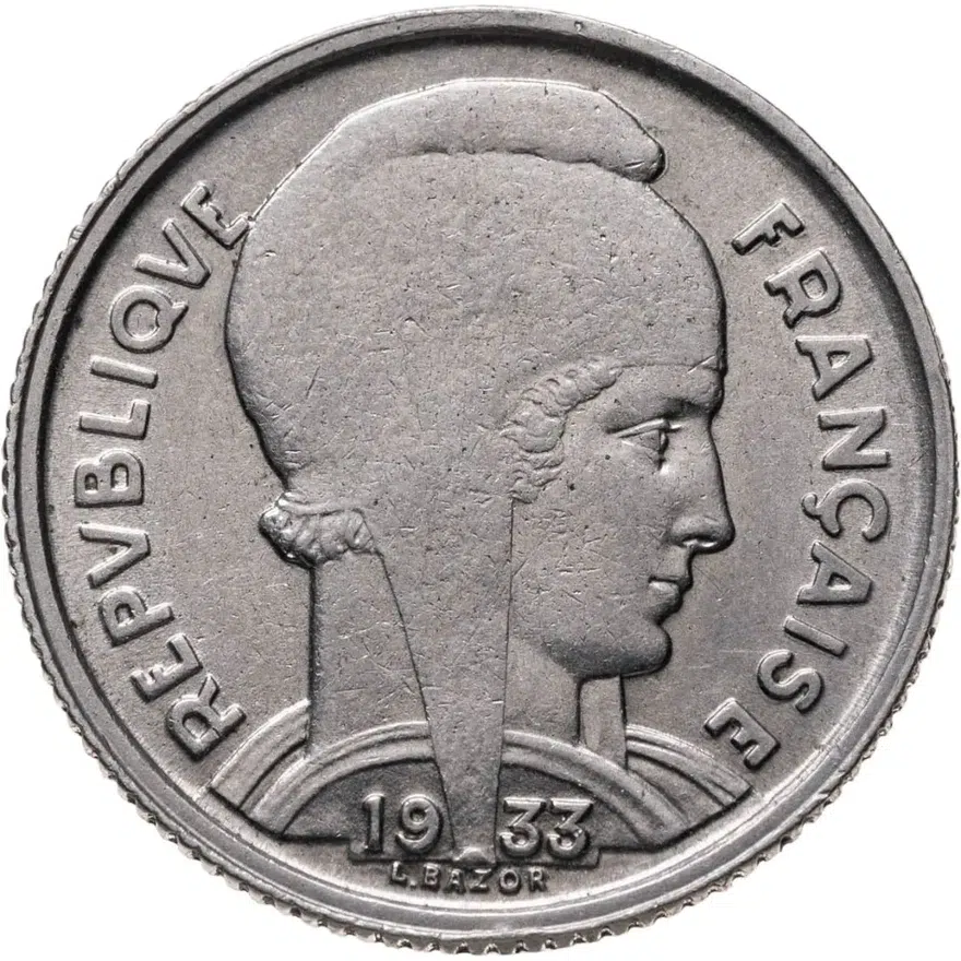 Франция 5 франков (francs) 1933   женское лицо обращено вправо, реверс