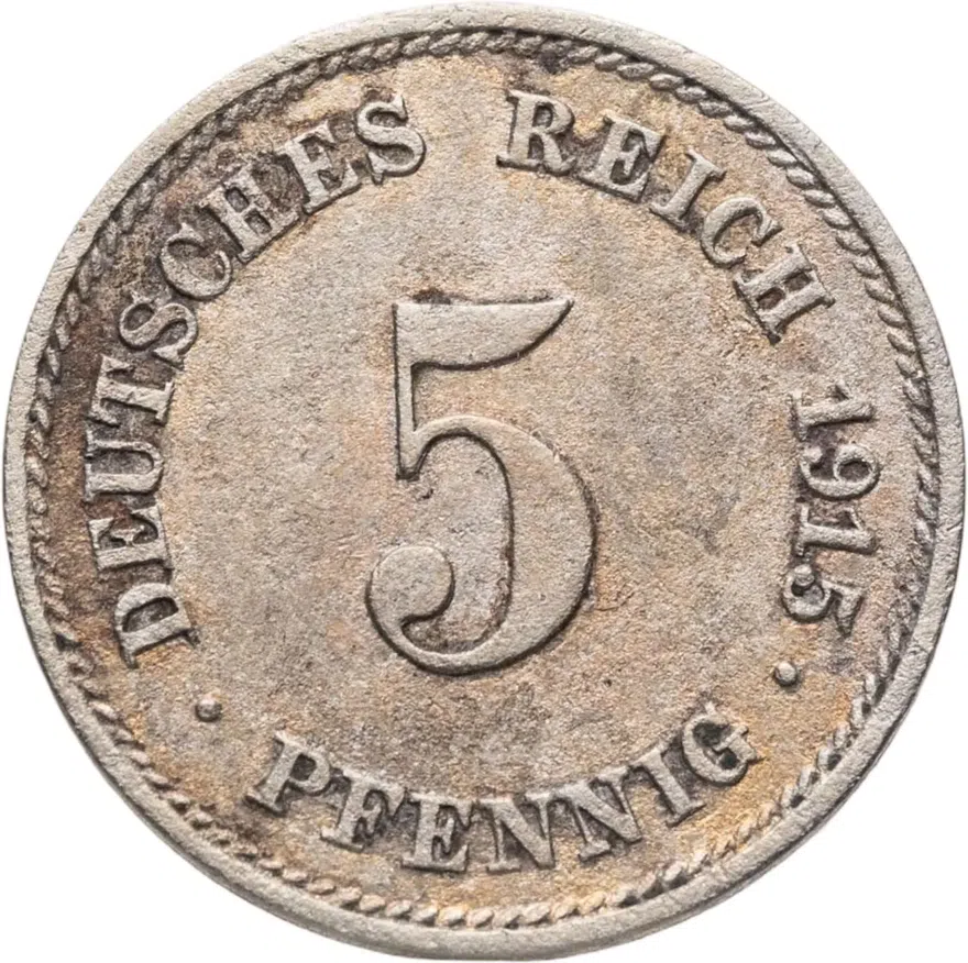 Германия 5 пфеннигов (pfennig) 1915 E Медно-никелевый сплав /не магнетик/ знак монетного двора: "E" - Мульденхюттен, аверс
