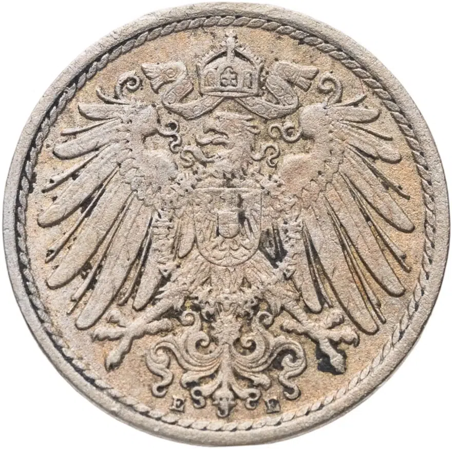 Германия 5 пфеннигов (pfennig) 1915 E Медно-никелевый сплав /не магнетик/ знак монетного двора: "E" - Мульденхюттен, реверс