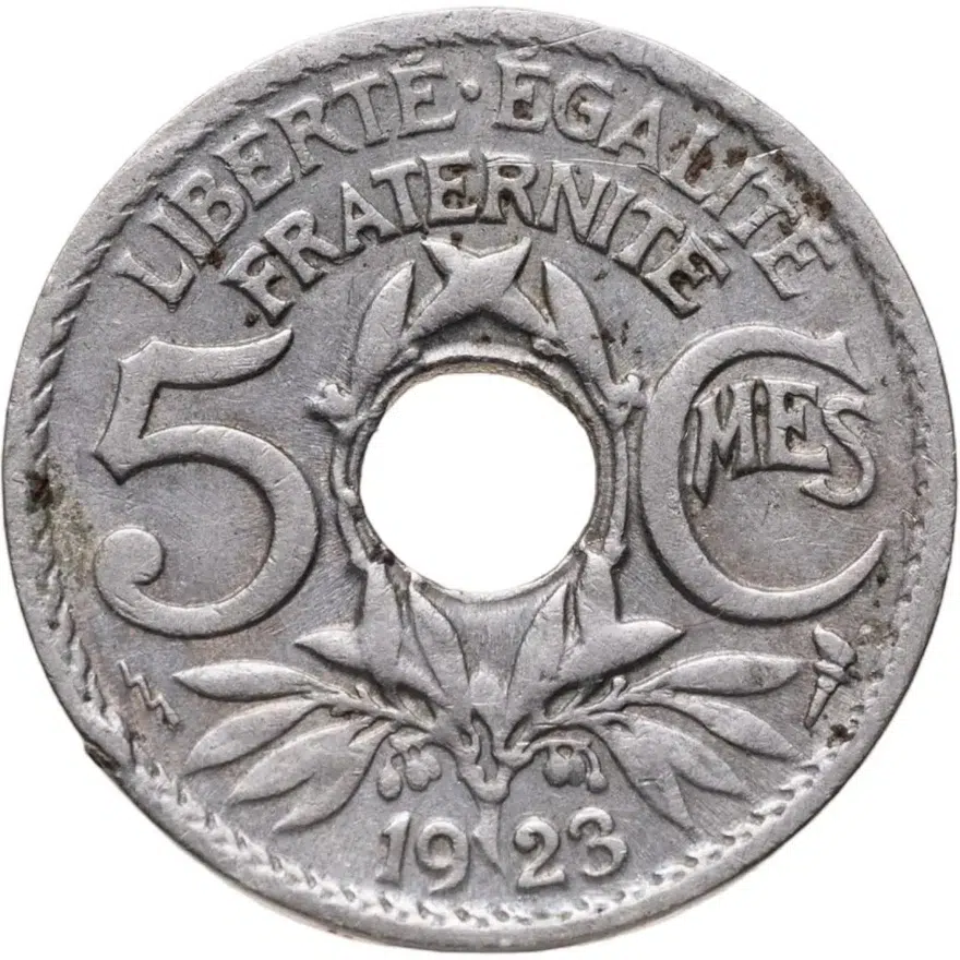 Франция 5 сантимов (centimes) 1923 Молния Новый тип: Отверстие в центре знак монетного двора: "Молния" - Пуасси, реверс