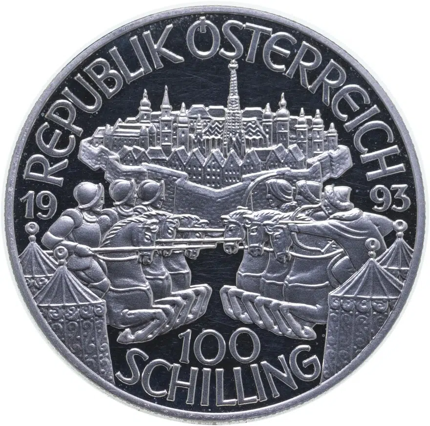 Австрия 100 шиллингов (shillings) 1993 "Леопольд I" в футляре с сертификатом, реверс